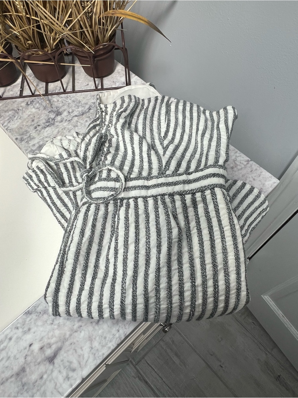 American Eagle Outfitters White & Charcoal Striped Ruffle Romper